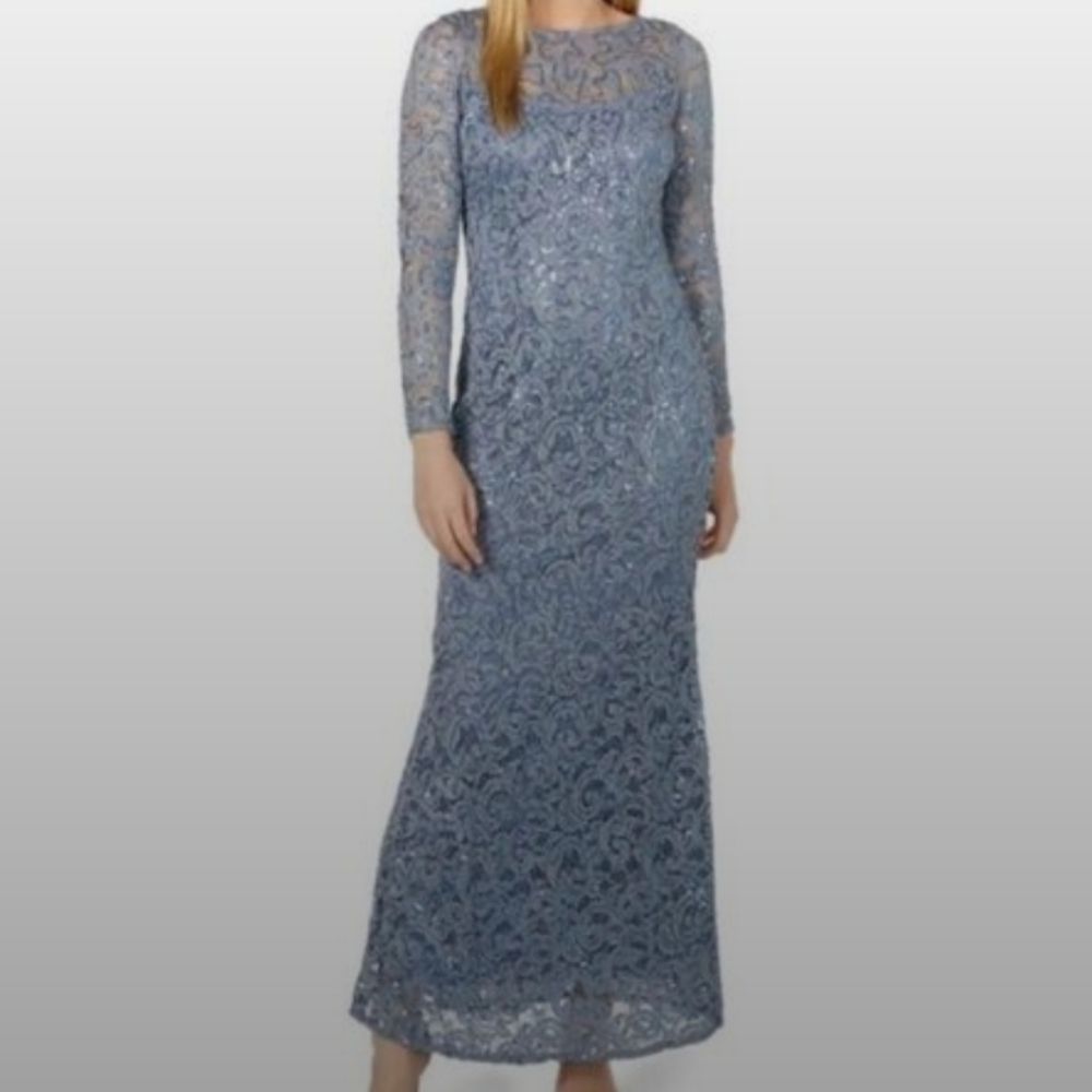 NWT! MARINA Elegant Blue Lace Evening Gown (M) MSRP $150 - Picture 4 of 9